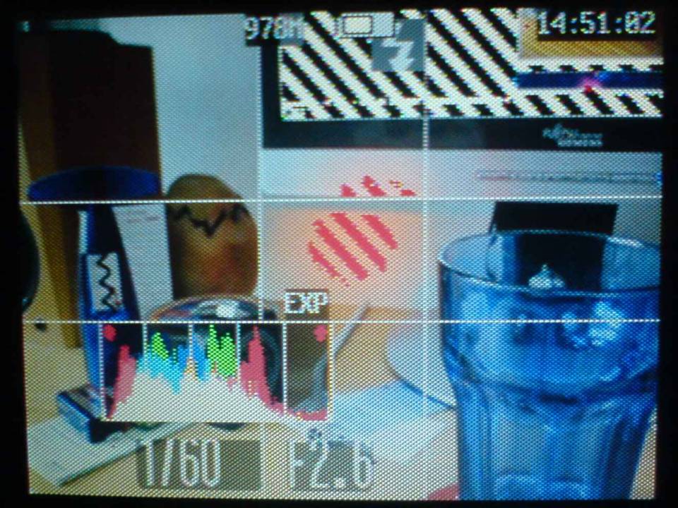 Display s namáčknutou spouští, zobrazení živého histogramu a přepálených míst